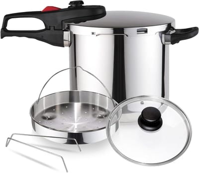 Snelkookpan met Mandje - Drukkoker Stoofpan - Snel Koken - 5 Veiligheidssystemen - 7.5 Liter - Zilver