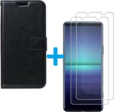 Sony Xperia 5 II hoesje book case zwart met 2 stuks Glas Screen protector