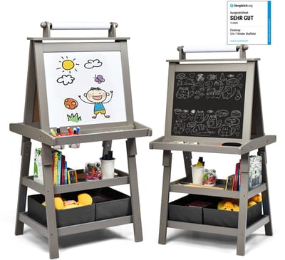 COSTWAY 3-in-1 kinderschildersezel, kinderbord dubbelzijdig, whiteboard & krijtbord & tekenpapier, staand bord incl. magneten, 2 legplanken, houten bord met 2 opbergdozen (grijs)