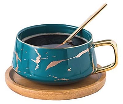 Porseleinen theekop koffiemok set met houten schotel - marmeren patroon