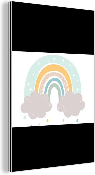 Wanddecoratie Metaal - Aluminium Schilderij Industrieel - Regenboog - Wolken - Regen - Kinderen - Pastel - 180x120 cm - Dibond - Foto op aluminium - Industriële muurdecoratie - Voor de woonkamer/slaapkamer