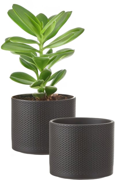 Mica Decorations Bloempot - 2x - donkergrijs - relief - keramiek - 13 x 15 cm - plantenpotten binnen