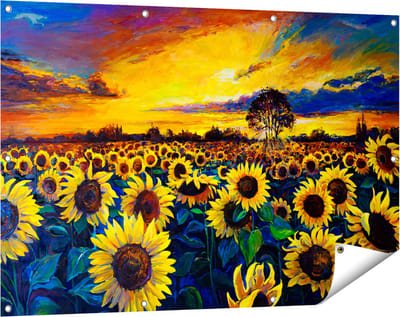 Gards Tuinposter Getekende Zonnebloemen Veld met Olieverf - 120x80 cm - Tuindoek - Tuindecoratie - Wanddecoratie buiten - Tuinschilderij