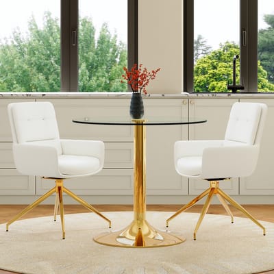 OKWISH Eethoek 85 Cm - Ronde Glazen Tafel Met 2 Draaibare Eetkamerstoelen - Voor Eetkamer Of Café - Glas PU Metaal - Wit Goud