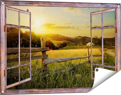 Gards Tuinposter Doorkijk Boerderij Hekken op het Grasveld - 90x60 cm - Tuindoek - Tuindecoratie - Wanddecoratie buiten - Tuinschilderij