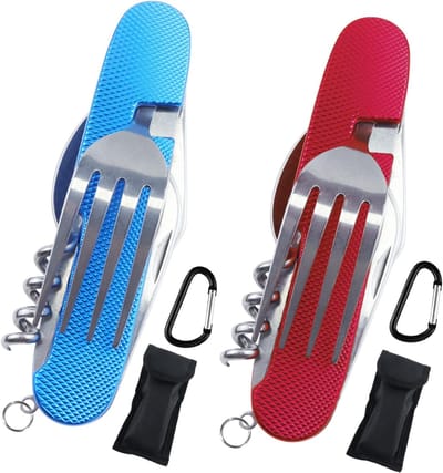 Bestek, afneembaar 6-in-1 eetbestek voor buiten, voor reizen, camping, picknick (mes, vork, lepel, kurkentrekker, boor, foliemes)