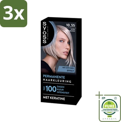 3 x SYOSS - Permanent Coloration 10-55 - Haarverf - Permanente Haarkleuring - Ultra Platina Blond - Grijsdekking - Grootverpakking - Permanente Haarkleur - Platinum Blond - Grijsdekking - Keratine - Haarkleur