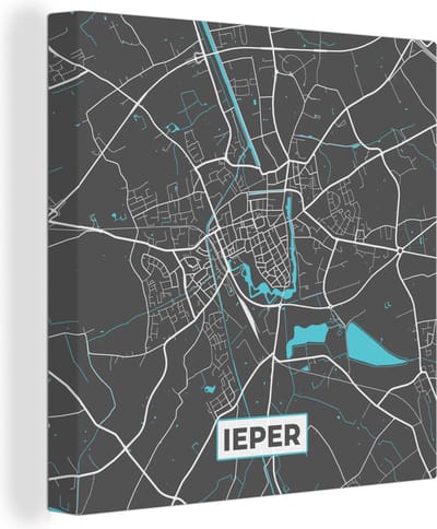 Canvas Schilderij Stadskaart – Grijs - Kaart – Ieper – België – Plattegrond - 20x20 cm - Wanddecoratie