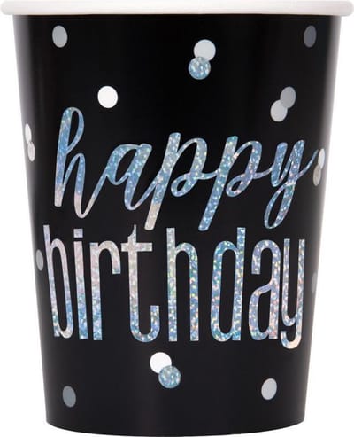 Unique Bekers Happy Birthday 25 Cl Karton Zwart/zilver 8 Stuks