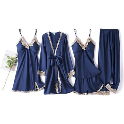 Pyjama Dames Lente Nachthemd Spaghettibandjes Vijfdelige Set Sexy V-Hals Satijn Kant Nachtkleding Intieme Lingerie Nachtkleding Huispak XL blue