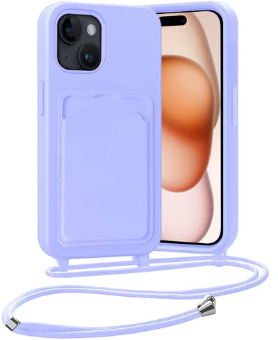 Hoesje Geschikt voor iPhone 15 Plus Hoesje Met Telefoonketting Pasjeshouder Case Koord - Hoesje Geschikt voor iPhone 15 Plus Hoes Met Kaarthouder - Lila