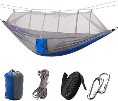 Kampeer Hangmat - Reis Hangmat - Buiten Ontspannen - Met Geïntegreerd Net - 260 x 140 cm - Grijs en Blauw