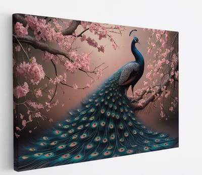 Saammp Canvas Schilderij - Pauw tussen de roze bloesem - Dieren - Natuur - 45x30 - Foto op canvas - Wanddecoratie - muurdecoratie Woonkamer - Slaapkamer decoratie - Canvas Print