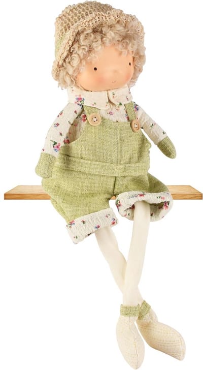 Dekoratief | Pop jongen zittend m/hoedje, groen/wit, stof, 17x11x39cm | A260436