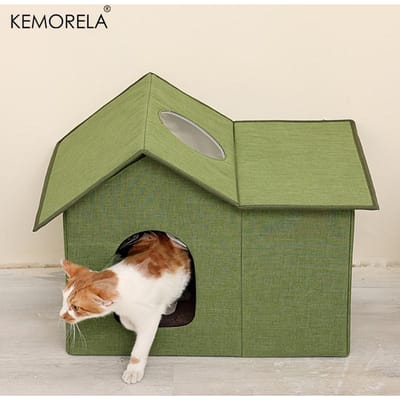 1 STuks Buiten Waterdicht Luxe Kattenbed - Koudebestendig en Waterdicht Comfortabel Schuilplaats Vierseizoenen Universeel Kattenhuis Villa Afgesloten beige
