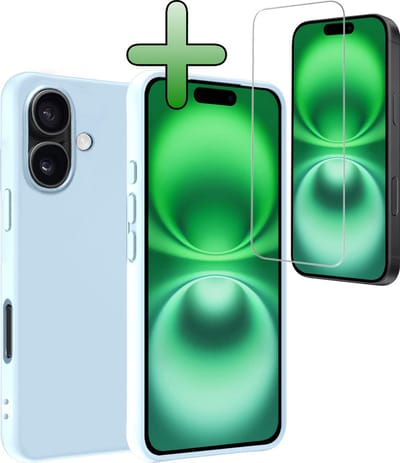Hoesje Met Screenprotector - Geschikt voor Apple iPhone 16 - Sterk & Shockproof - Back Cover - Siliconen Case - Telefoon Hoes - Lichtblauw