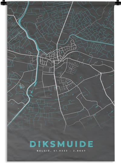 Wandkleed - Wanddoek - Plattegrond – Diksmuide – Blauw – Stadskaart - Kaart - 120x180 cm - Wandtapijt