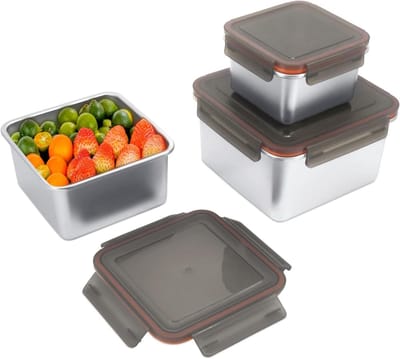 Duurzame RVS Voedselopslagcontainers met Deksel, Luchtdicht en Lekvrij, 3 Formaten: 1000ml, 1800ml, 3000ml, Ideaal voor Meal Prep en Bewaren van Eten