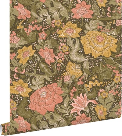 ESTAhome behang vintage bloemen vergrijsd olijfgroen, roze en okergeel - 50 x 900 cm - 131197