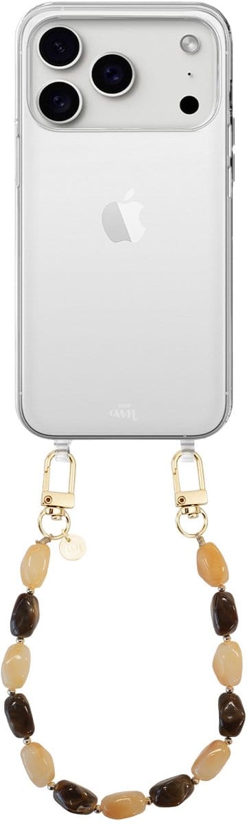 xoxo Wildhearts telefoonhoesje geschikt voor iPhone 17 Pro - Amber Dust (kort koord) - siliconen hoesje met koord - Backcover met telefoonkoord - Telefoonhanger stenen ketting - Beige / Bruin
