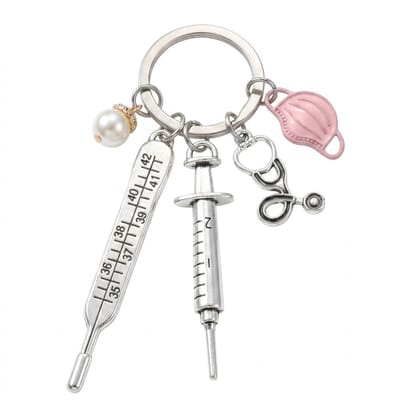 Roze zilverkleurige medische sleutelhanger set met thermometer en spuit hanger – sleutelhanger voor dames en heren – decoratieve keychain met zorg thema, meerdere bedels en sleutelring