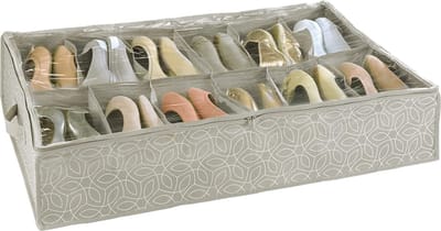 WENKO Onderbedcommode voor schoenen Balance - schoenenopslag in 12 vakken, schoenenkast met afdekking, polypropyleen, 74 x 15 x 60 cm, taupe