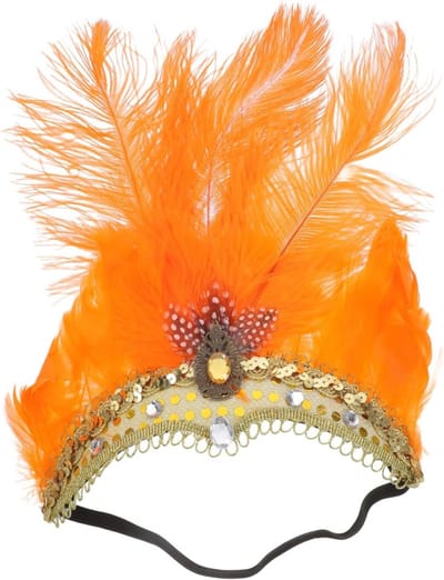 20s haarband met veren en pailletten, vintage headdress, feestaccessoire voor Halloween en kostuums, oranje kleur
