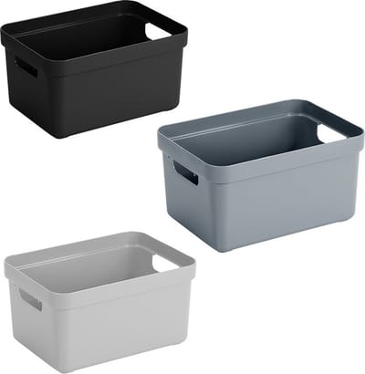 Set van 9x stuks opbergboxen/opbergmanden 5 liter kunststof - 3x zwart/3x lichtgrijs/3x blauw - Formaat per box: 25,2 x 18 x 12,2 cm