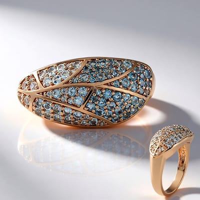 Cavill - Statement Zilveren Ring met Londen Blauwe Topaas 1,025 ct - 925 Sterling Zilver - Roségoud Verguld - Bladvorm Design - Cambodjaanse Zirkonen