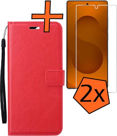 Hoes - Met 2x Screenprotector - Geschikt voor Samsung Galaxy S25 Ultra - Luxe Pasjeshouder - Bookcase Portemonee - Flip Case - Kunstleer Book Case - Flipcase Hoes - Book Cover - Walletcase - PortemonneeHoes - Rood