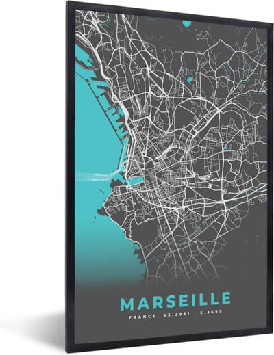 Fotolijst incl. Poster - Marseille - Frankrijk - Plattegrond - Stadskaart - Kaart - 40x60 cm - Posterlijst