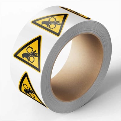 Handbeklemming tandwielen sticker op rol, 25 meter 200 mm - 105 per rol