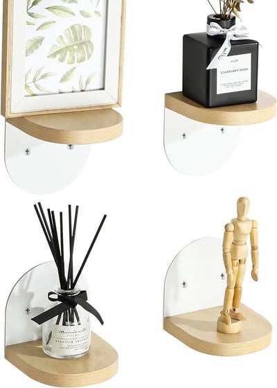 Set van 4 Drijvende Planken - Zelfklevende Wandplanken van Hout voor Woonkamer, Slaapkamer en Keuken - Decoratieve Opbergoplossingen