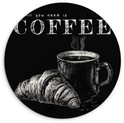 WallCircle® Wandcirkel 120x120 cm - Muurcirkel Koffie - Croissant - Tekst - Muurdecoratie woonkamer - Wanddecoratie slaapkamer - Kamer decoratie accessoires - Ronde schilderijen XXL