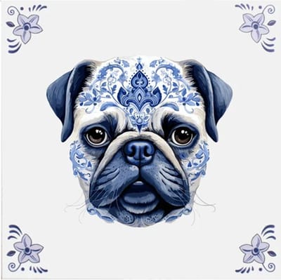 Delfts blauw tegeltje mops hond design - delfts blauw wandbord - delftsblauw - hollandse cadeautjes - wanddecoratie - decoratieve accessoires