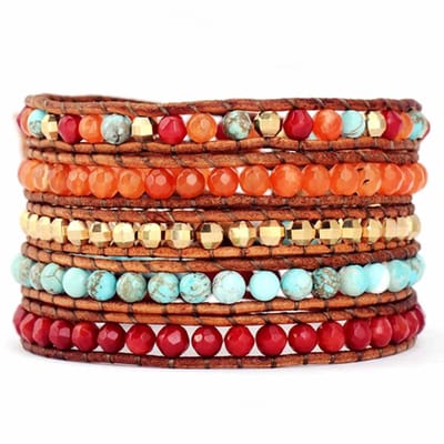 Marama - wikkelarmband Desert Skies - bruin leer - halfedelstenen en kralen - 83 cm - cadeautje voor haar