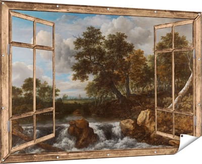 Gards Tuinposter Doorkijk Landschap met Waterval - Jacob van Ruisdael - 180x120 cm - Tuindoek - Tuindecoratie - Wanddecoratie buiten - Tuinschilderij
