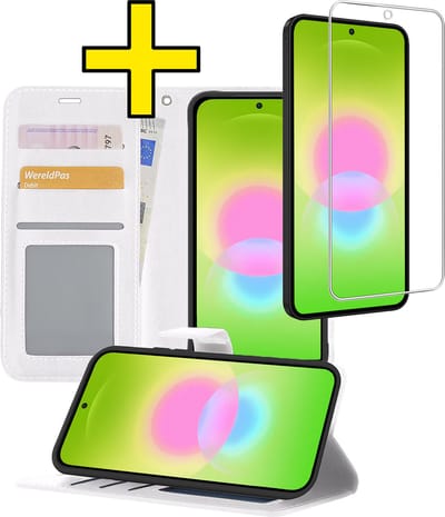 Hoesje - Met Screenprotector - Geschikt voor Samsung Galaxy A27 - Luxe Pasjeshouder - Bookcase Portemonee - Flip Case - Kunstleer Book Case - Flipcase - Book Cover - Walletcase - Portemonneehoes - Telefoonhoesjes - Wit