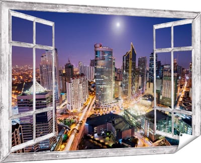 Gards Tuinposter Doorkijk Makati Stad Skyline in de Nacht in Thailand - 180x120 cm - Tuindoek - Tuindecoratie - Wanddecoratie buiten - Tuinschilderij