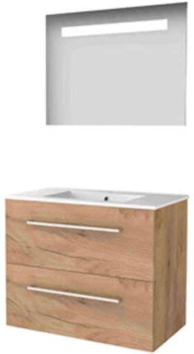 Basic-Line Economic 46 Badkamermeubelset - 80 x 46 cm - Met Grepen - 2 Lades - Keramische Wastafel - 1 Kraangat - Spiegel met LED Verlichting - Whisky Oak