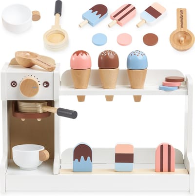 Mamabrum Houten ijsbak met koffiezetapparaat voor kinderen 3+, speelgoedcafé met accessoires, rollenspelen speelgoed - Barista, kok, speelvoedsel - ijs