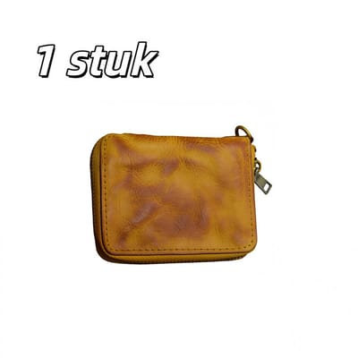 1 stuk - Korte portemonnee - Ritssluiting - Verticaal vierkant model - Plantaardig gelooid leer - Vintage stijl - 11 cm * 8 cm * 2,5 cm - Geel