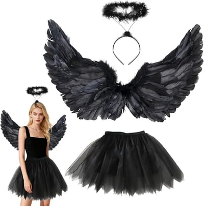 Zwart engel kostuum voor vrouwen met 60 cm vleugels, halo en 70-110 cm tule rok voor Halloween, carnaval en cosplay feestjes