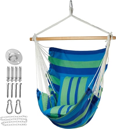 Hangmat stoel - Hangschommel - Ontspannen Buiten - XL Katoen Canvas - 100cm Breed - Blauw Groen Streep