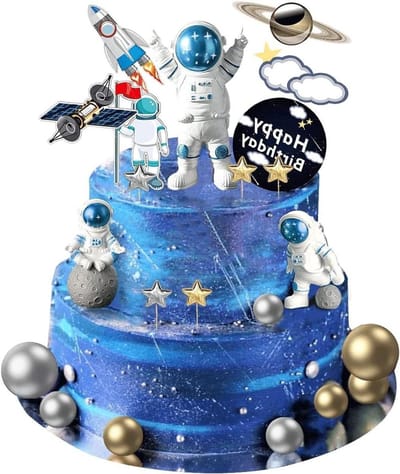 Dailygoods- Cake Topper 22 Stuks - Ruimtethema Taartdecoratie - Astronauten Beeldjes - Stervormige Taarttopper - Parelballen - Perfect voor Verjaardagsfeest
