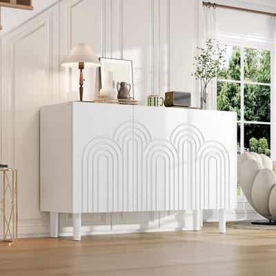 Pugsdrly Buffetkast 120*38,5*79 cm, woonkamerkast met 3 deuren, kasten met veel opbergruimte, ladekast voor de slaapkamer en woonkamer, kast met verstelbare scheidingswand, wit, MDF, met tafelpoot van 16 cm