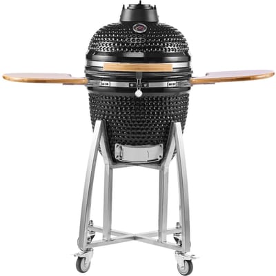 Fumoir et Grill au Charbon de Bois, Fumoir BBQ Kamado au Charbon de Bois 450mm, Grill Barbecue Céramique Mobile avec 4 Roues (2 Verrouillables), Thermomètre intégré, Bouche d'aération