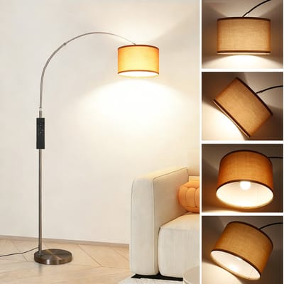 ANTENLICHT Vissende Vloerlamp Met Stoffen Bruin Kap - Met gloeilamp 9W 3000K-6000K 860LM E27 - Hoogte 165 -180cm - Met Afstandsbediening & Voetschakelaar - Chroom