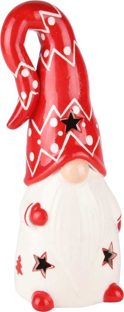 Dekoratief | Deco gnoom, rood/wit, porselein, LED, 10x9x24cm | A235064