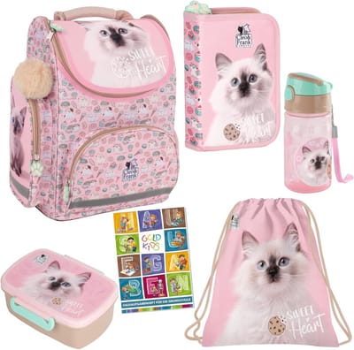 Schooltas Set - Kinderrugzak Inclusief - Naar School Gaan - Compleet Met 6 Delen - 40x40x40cm - Met Kattenprint